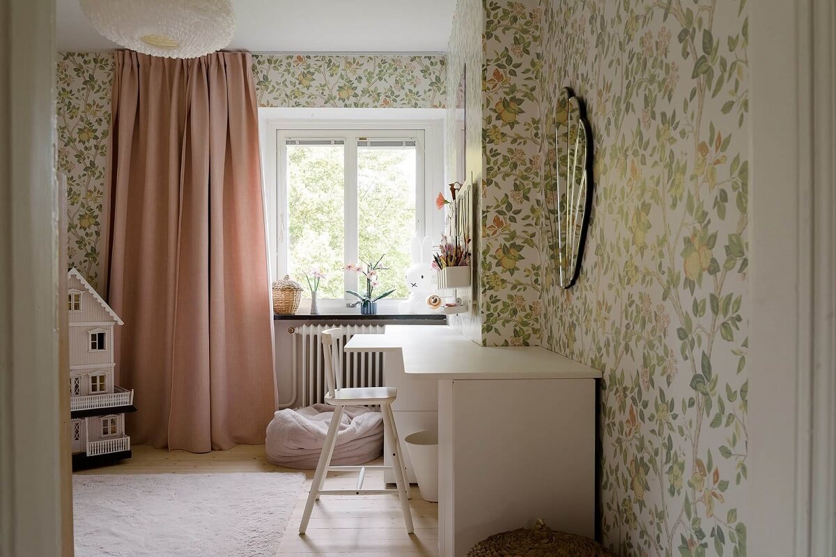 A Beautiful Family Home in a Grand 1930s Villa in Sweden 20 childrens bedroom with wallpaper