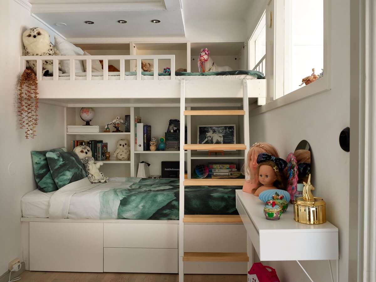 A Charming 1920s Apartment with a Green Bedroom 14 childrens room with bunk beds