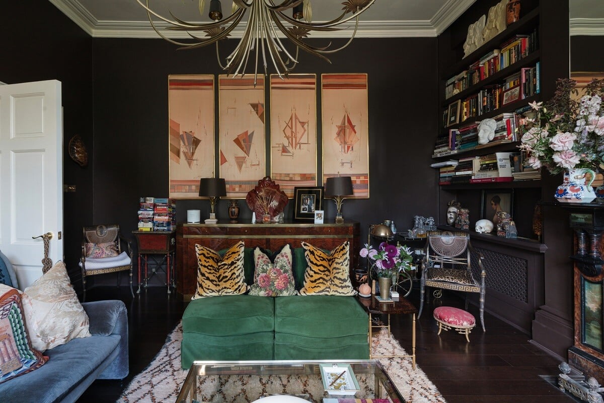 A Moody Color Palette and Eclectic Interiors in a London Apartment 5 dark colored living room
