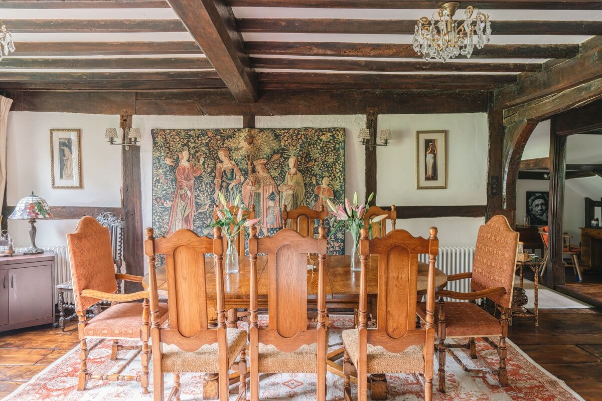 Magnificent Period Features in an English Tudor House 4 dining room with wooden ceiling