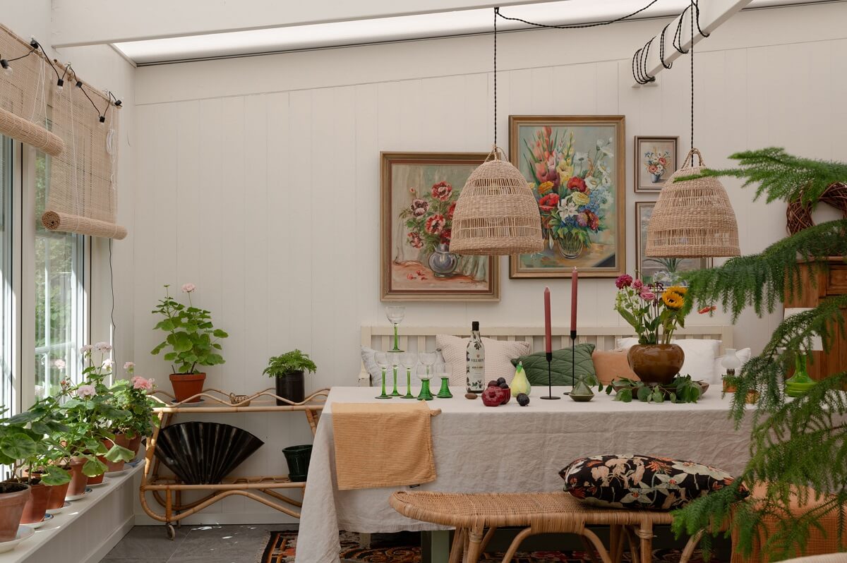 A Swedish Family Home with a Lovely Garden Room 10 dining table wicker pendant lights