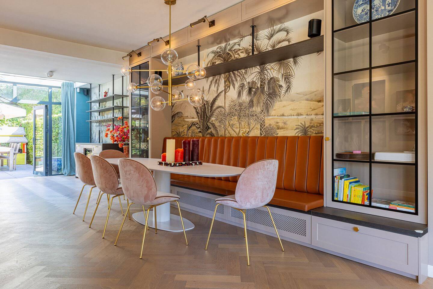 Bold Color Accents in a Dutch Family Home 4 dining table with built in furniture and wallpaper