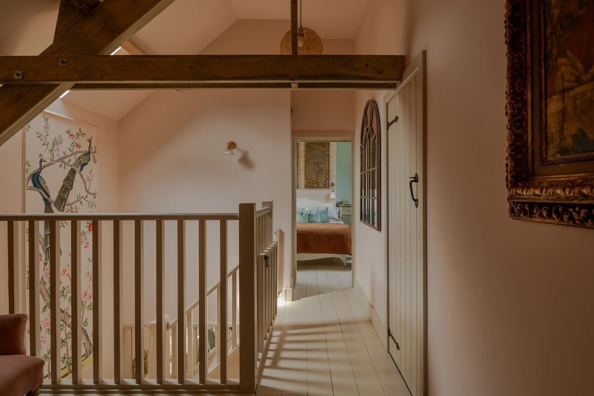 Cottage-Style Interiors in an English Barn Conversion 16 first floor landing with pink walls nordroom
