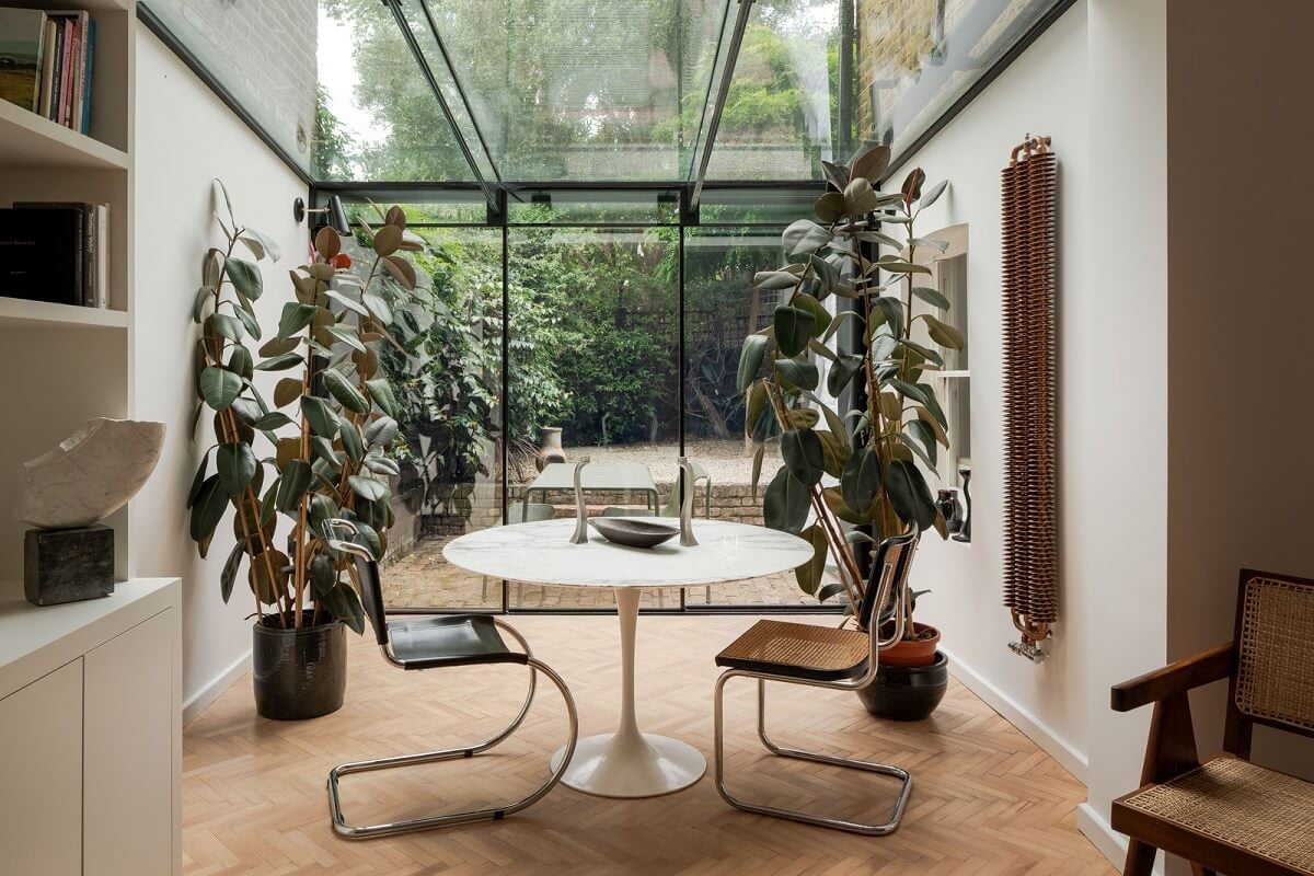 Pared Back Interiors and Light-Filled Spaces in a London Apartment 1 glass extension living room