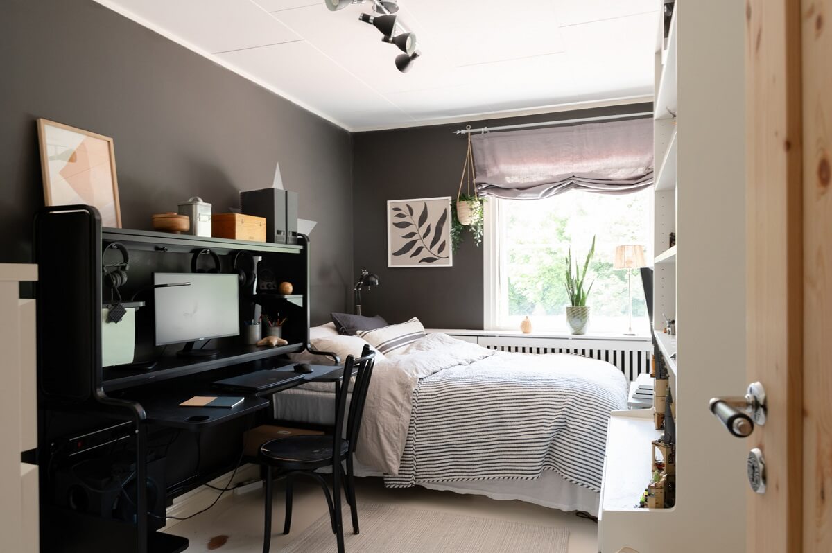A Swedish Family Home with a Lovely Garden Room 17 gray bedroom with desk