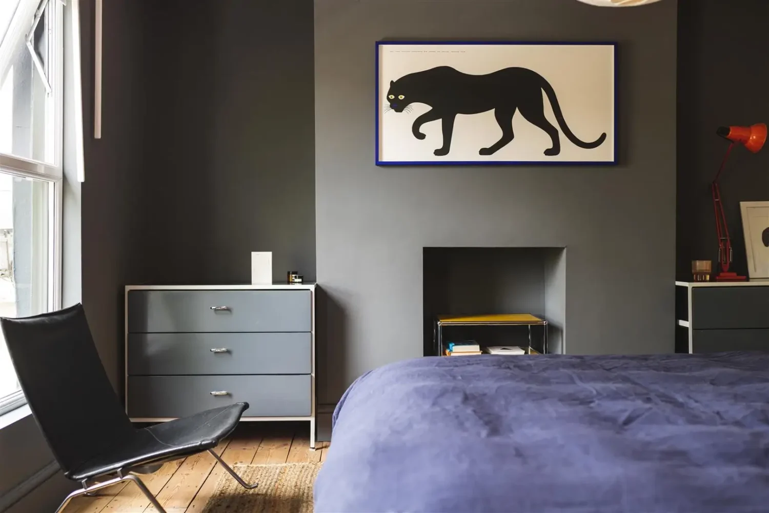 Open-Plan Rooms and Modern Furnishings in a London Home 14 gray feature wall bedroom