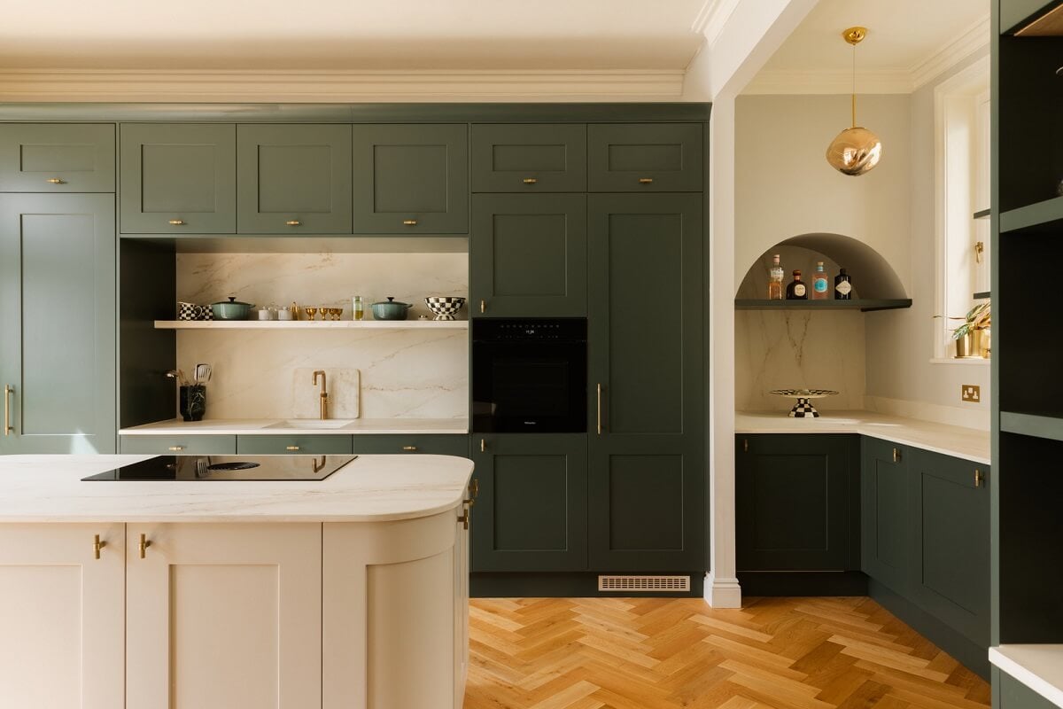 A Stylish Apartment in the Heart of London's Whitehall 10 green and cream kitchen