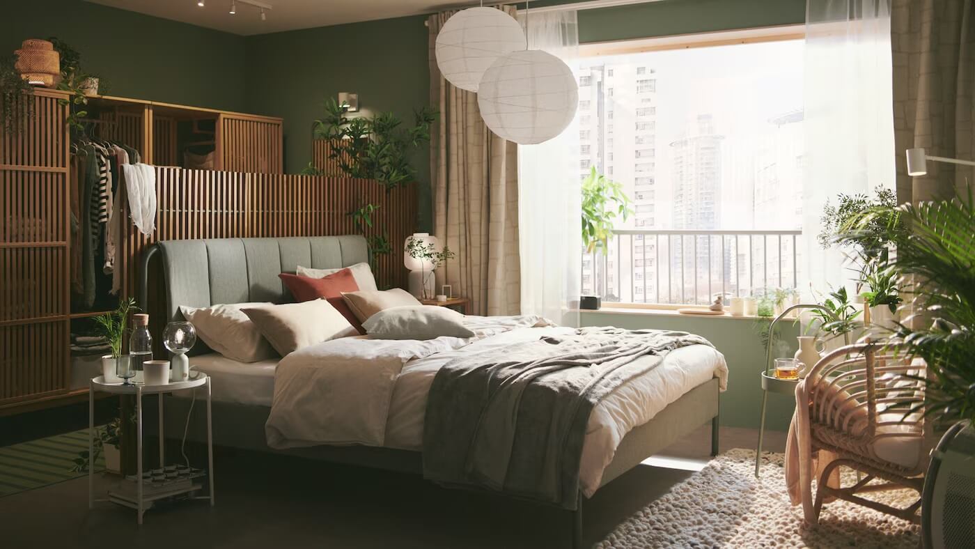 A Sage Green IKEA Bedroom with A Walk-In Closet 11 green bedroom tallasen bed nammaro privacy screen nordroom A Sage Green IKEA Bedroom with A Walk-In Closet