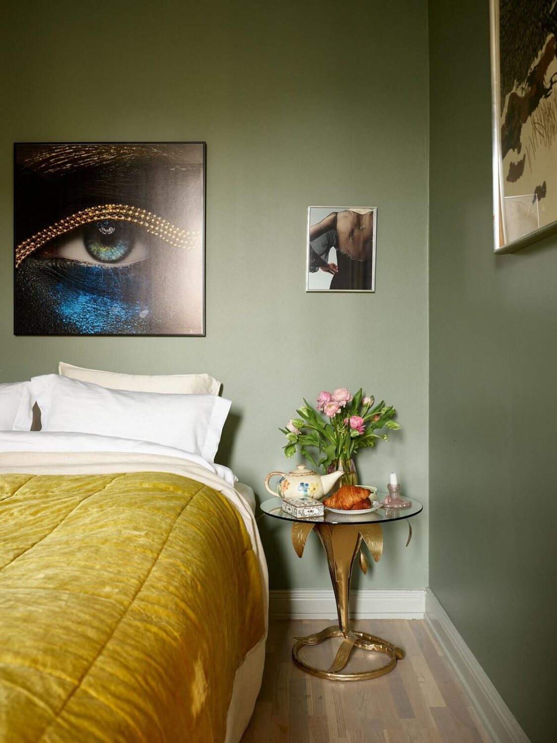 A Charming 1920s Apartment with a Green Bedroom 12 green bedroom with yellow bedding