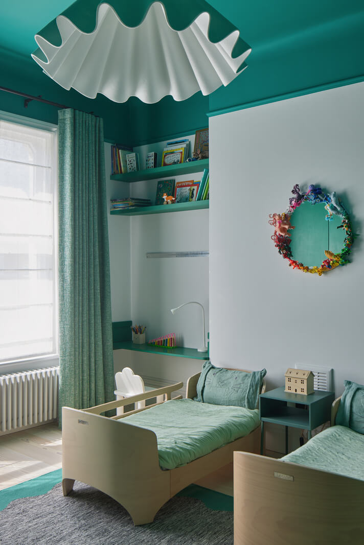 A London Family Home Decorated in Pastel Colors 27 green ceiling double childrens room nordroom