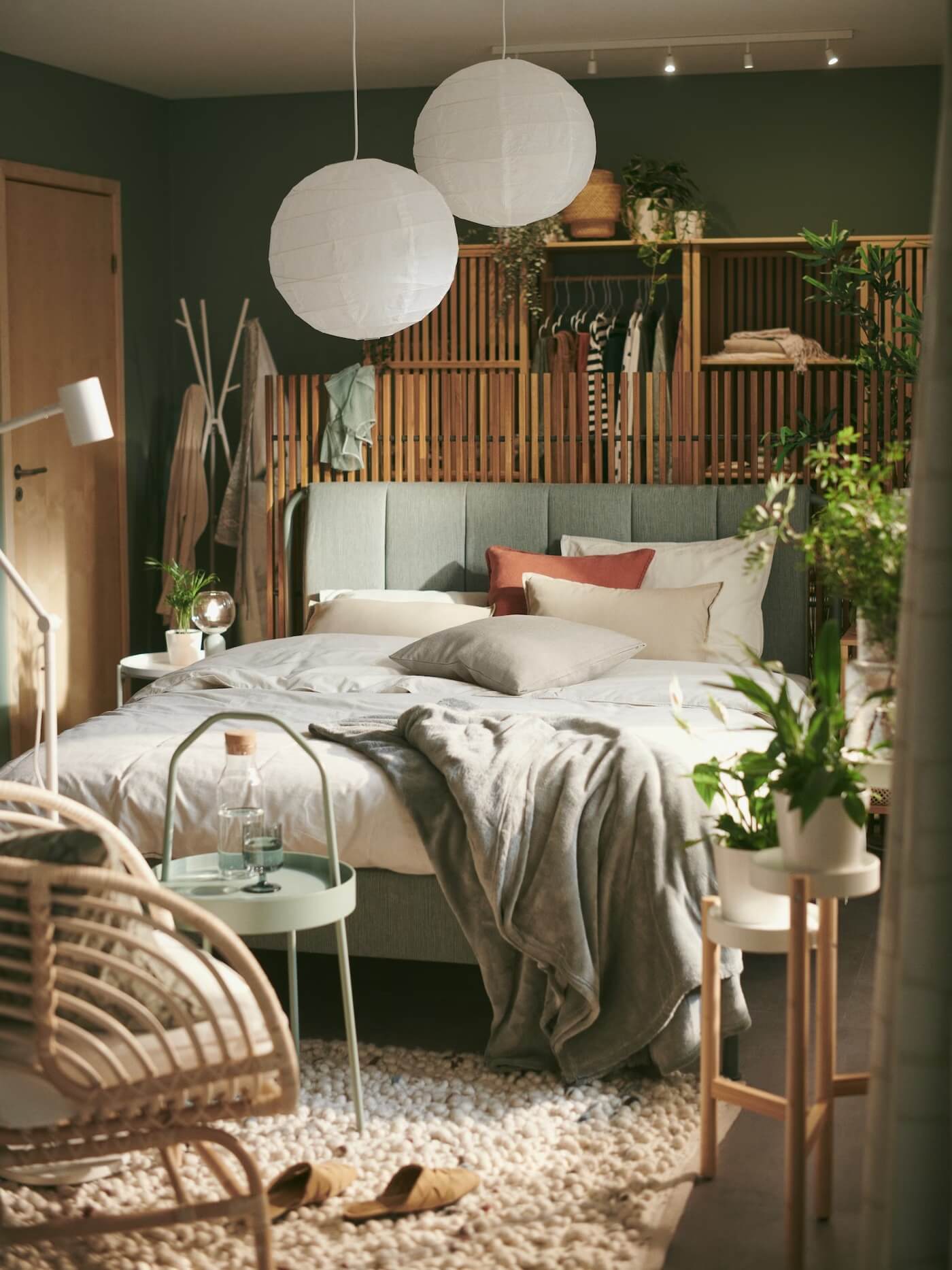green layered ikea bedroom with bamboo furniture and walk in closet nordroom