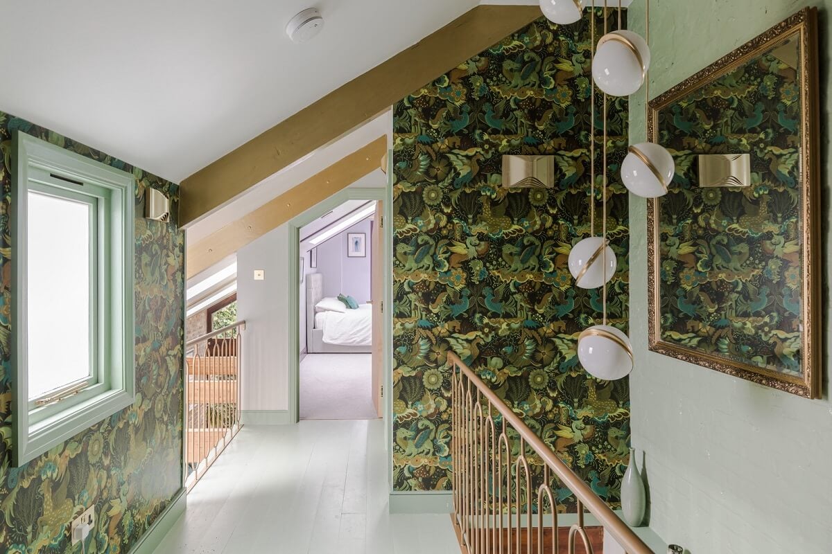 Exposed Materials and Green Tones in a London Stable Conversion 16 hall green wallpaper