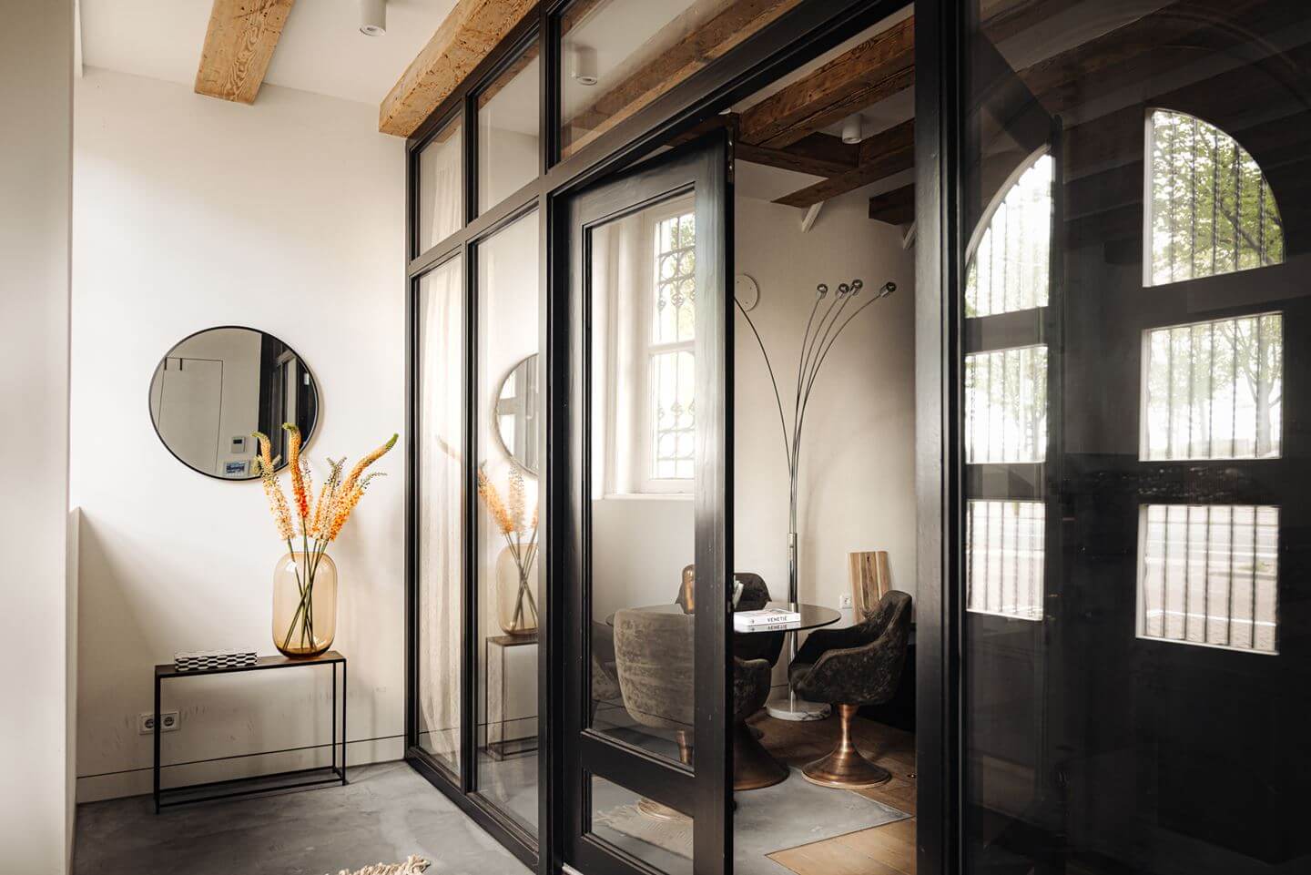 A Modern Apartment in an 18th Century Amsterdam Canal House 22 hall with glass doors