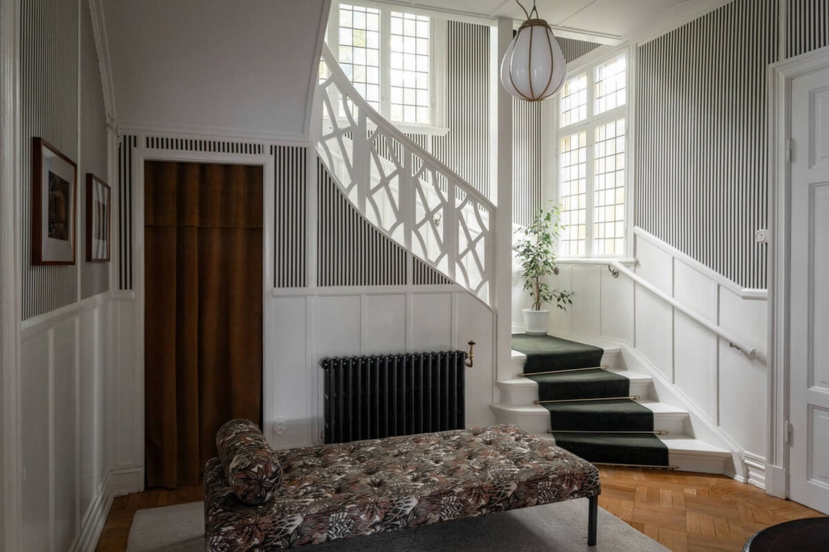A Luxurious Early 20th Century Villa in Sweden 9 hallway striped wallpaper