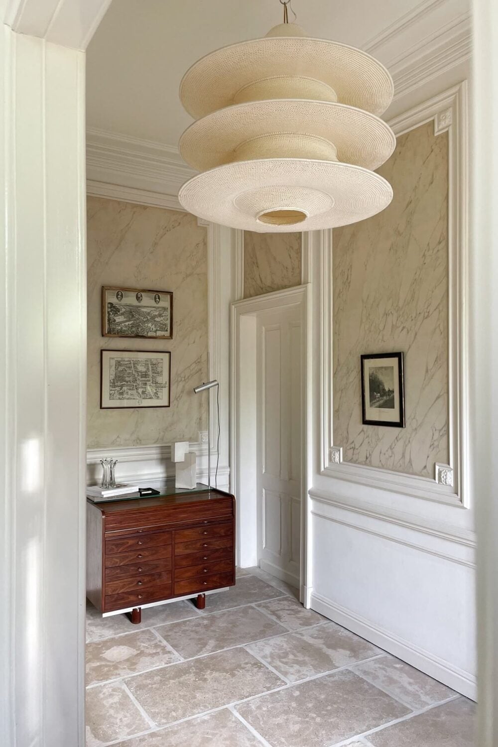 Historic Character and Timeless Elegant Interiors in a Restored Belgian Villa 3 hallway with flagstones and moroccan pendant nordroom