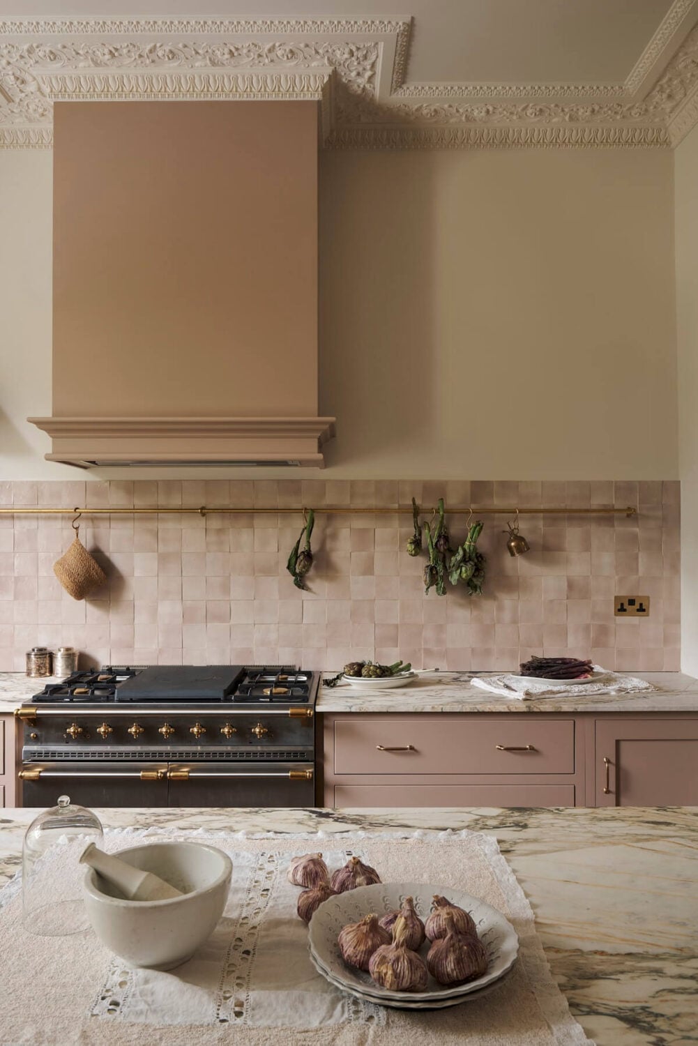 A Pretty Pink and Green deVOL Kitchen in South London 5 kitchen island marble worktop devol kitchens nordroom
