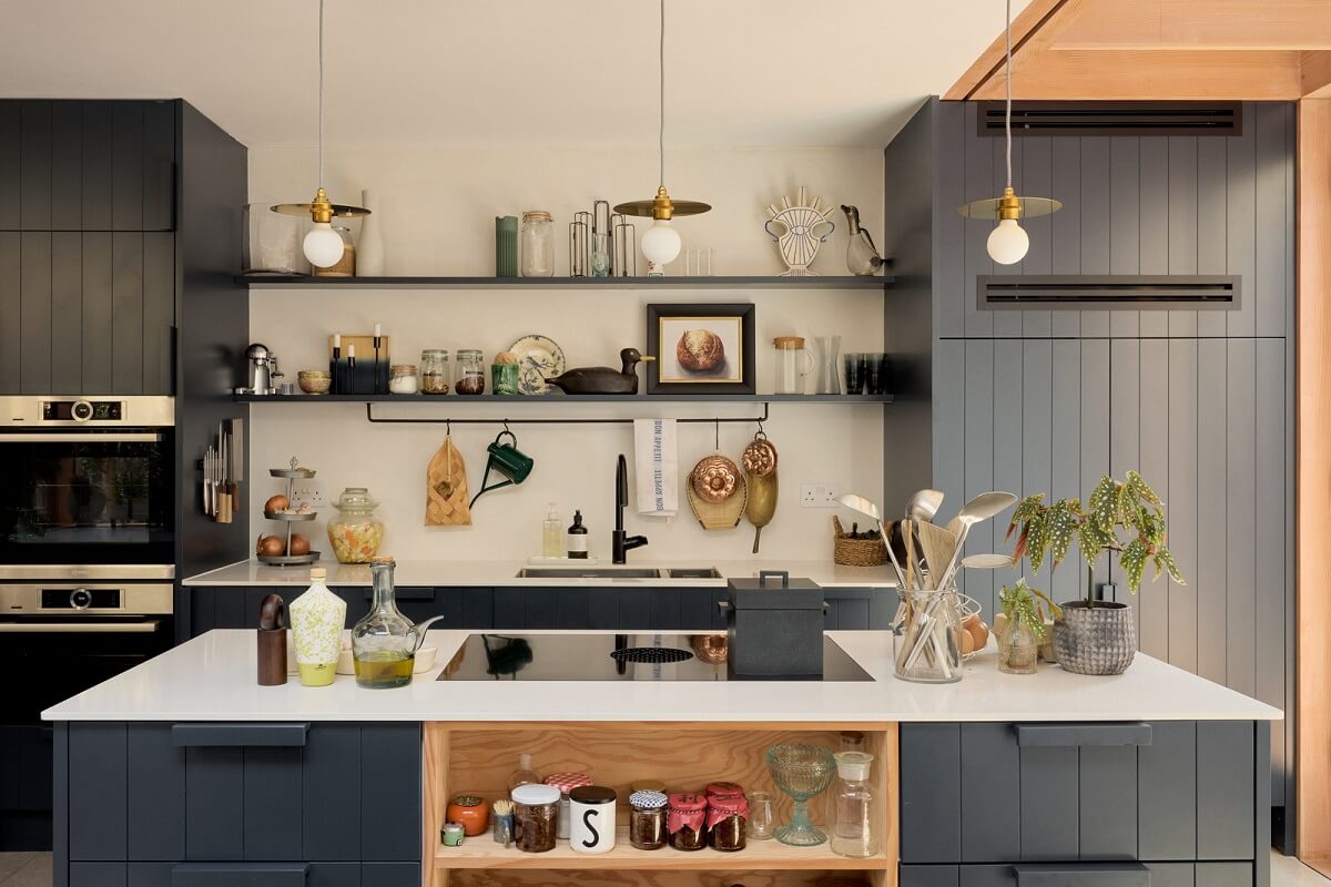 Douglas Fir and Natural Materials in a London Home 11 kitchen island with open and closed cabinets