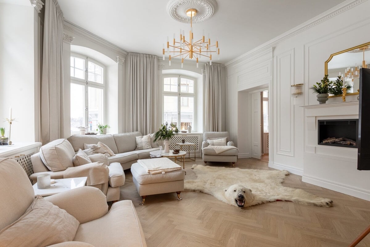 A Luxurious Stockholm Apartment with Period Features 10 light colored living room with fireplace