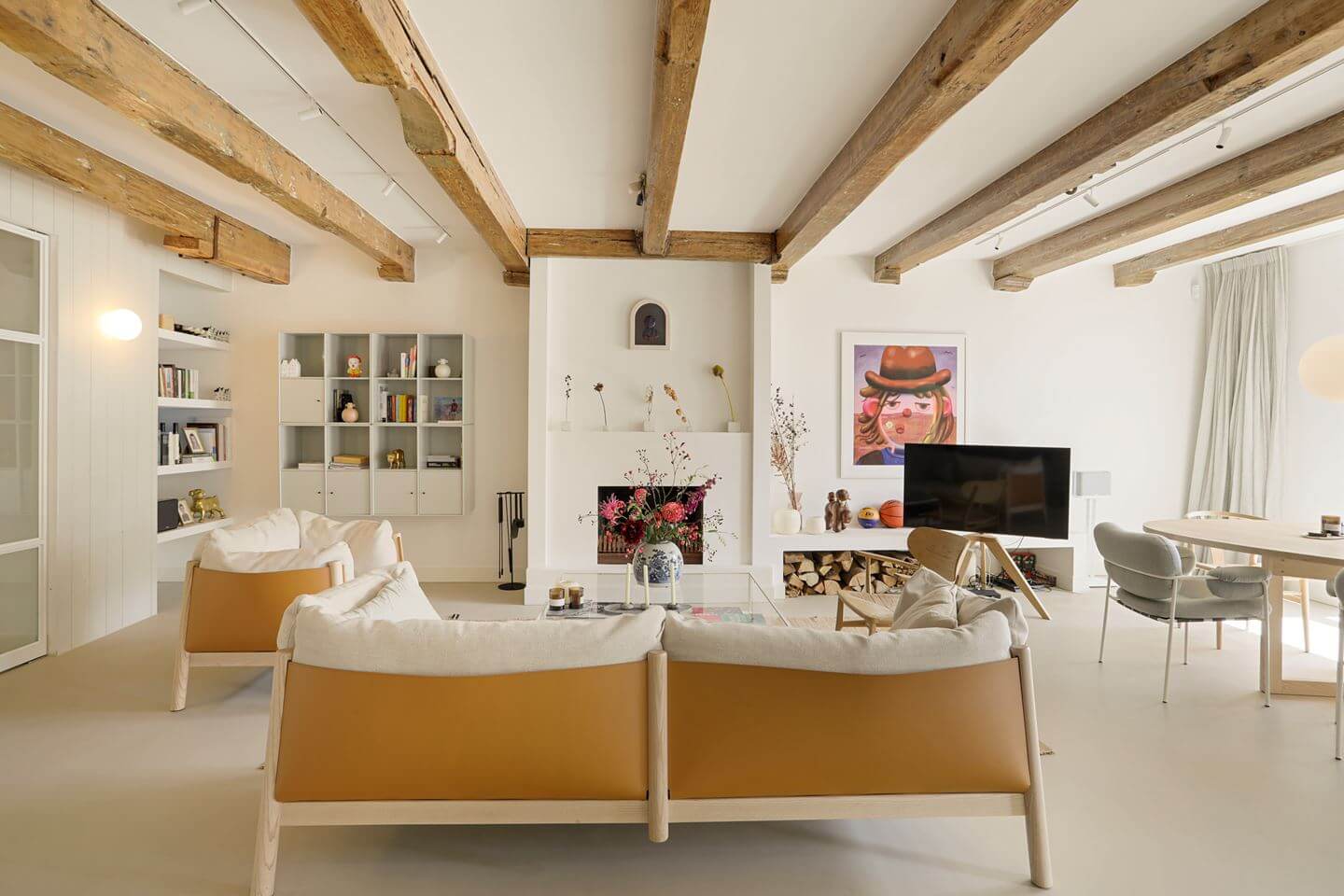 A Modern Apartment in a 17th Century Canal House in Amsterdam 5 light living room exposed beams