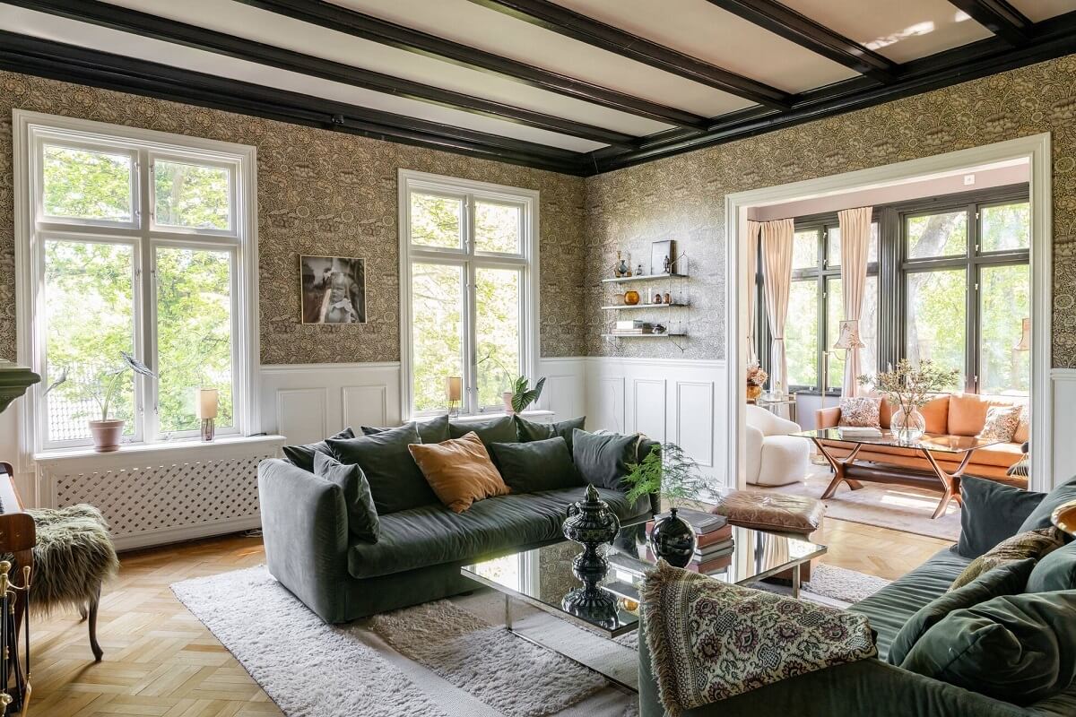 A Luxurious Early 20th Century Villa in Sweden 2 living room ceiling beams wallpaper
