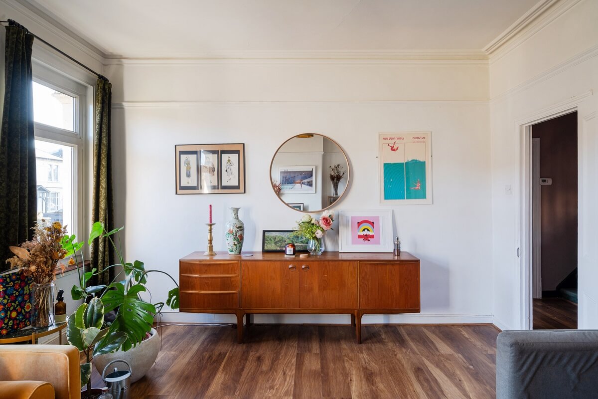 A London Apartment with a Turquoise and Pink Kitchen 5 living room midcentury cabinet A London Apartment with a Turquoise and Pink Kitchen