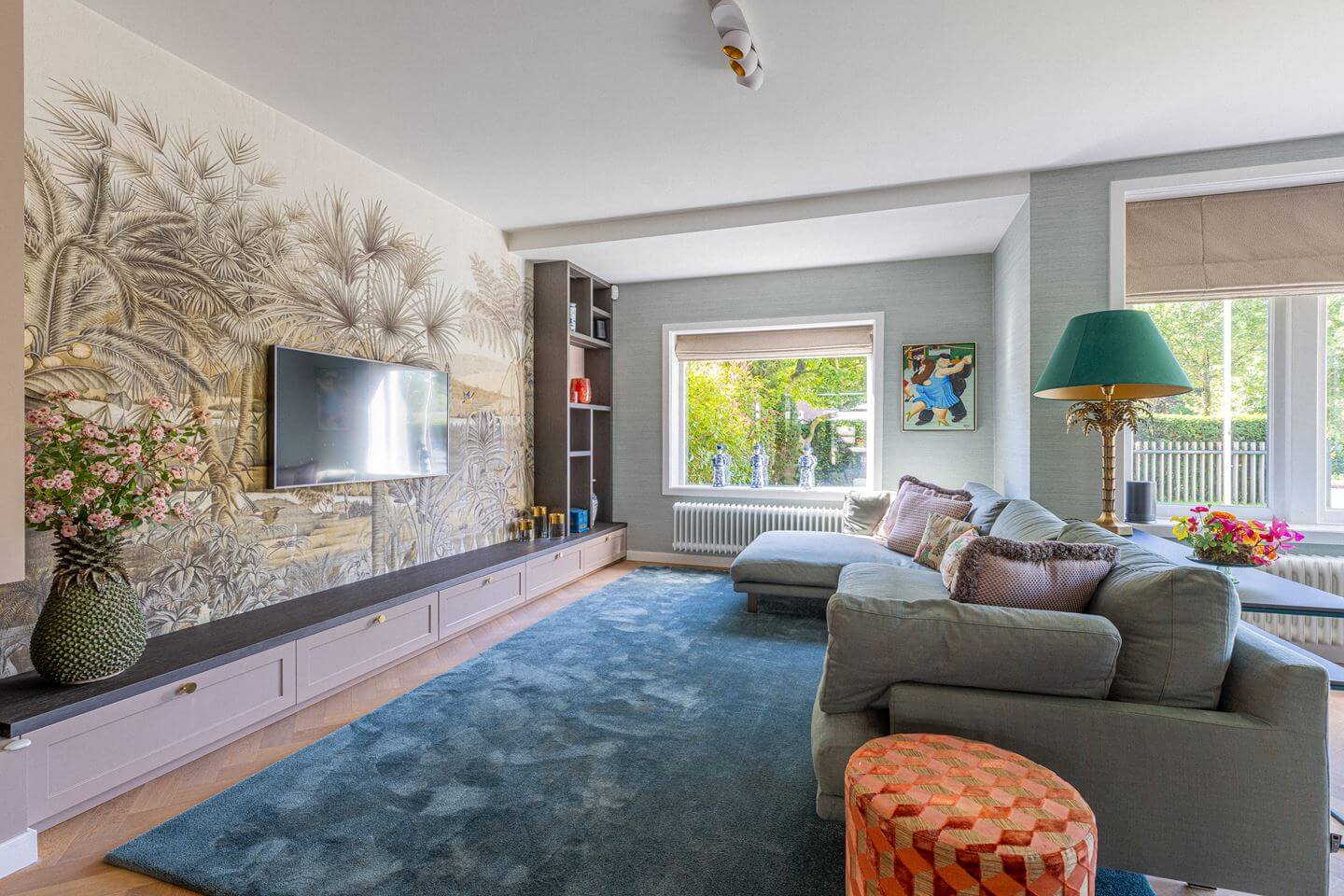 Bold Color Accents in a Dutch Family Home 1 living room mural blue rug