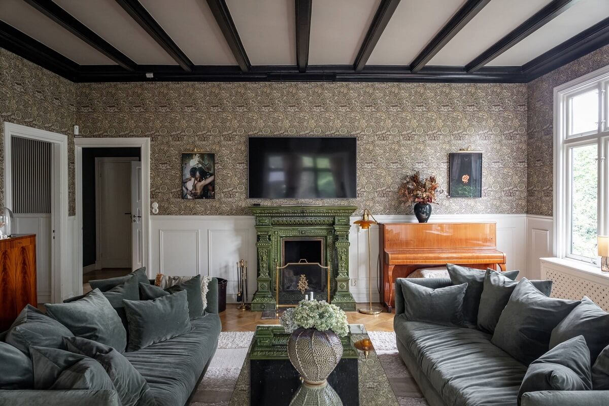 A Luxurious Early 20th Century Villa in Sweden 3 living room wallpaper fireplace