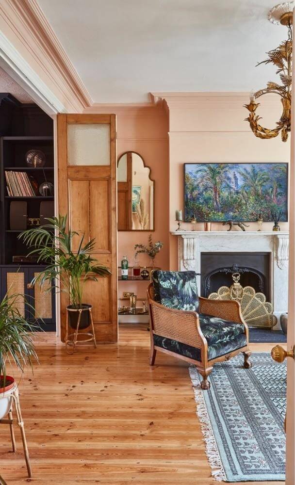 Playful Materials, Textures, and Colors in a London Home 3 living room wooden floor soft pink walls