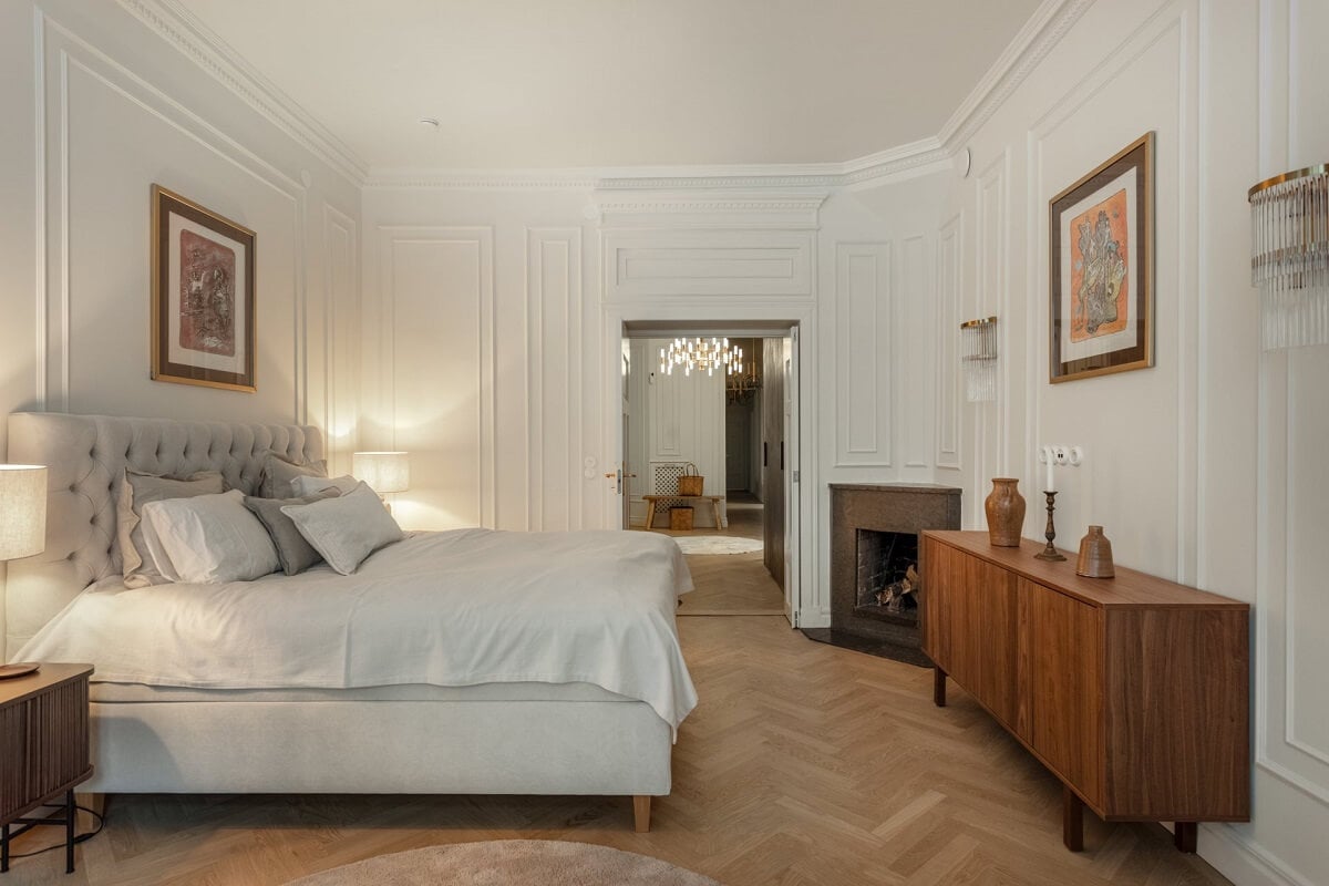 A Luxurious Stockholm Apartment with Period Features 17 master bedroom with fireplace