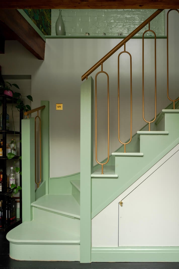 Exposed Materials and Green Tones in a London Stable Conversion 5 mint green staircase