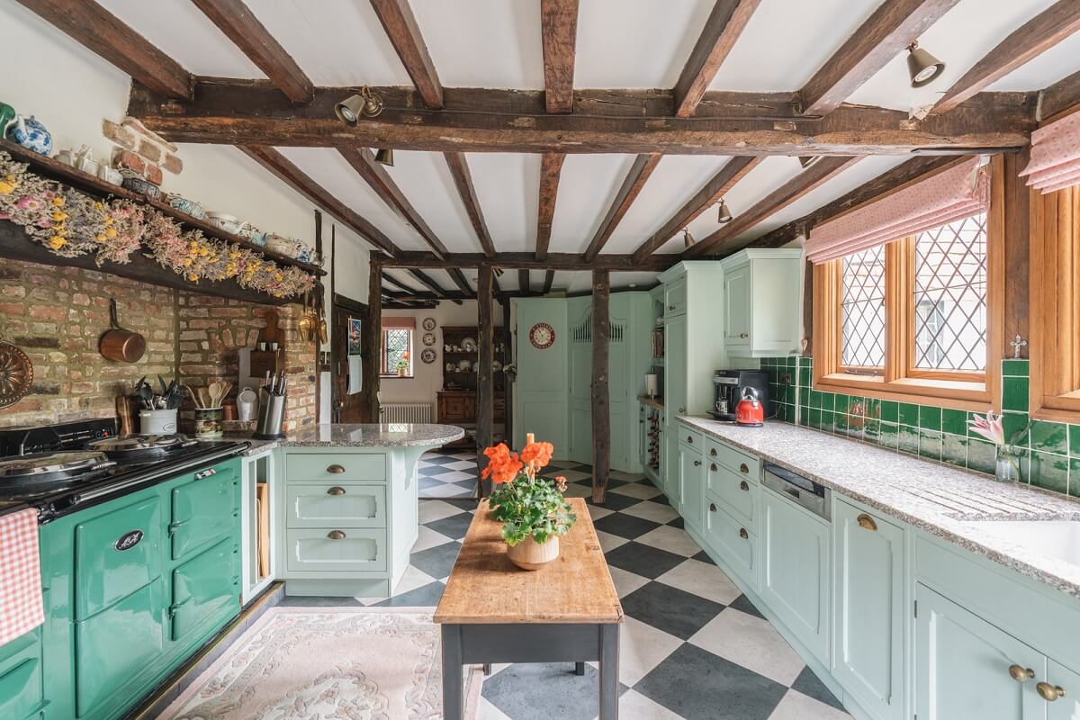 Magnificent Period Features in an English Tudor House 8 mint kitchen cabinets and checkerboard floor nordroom