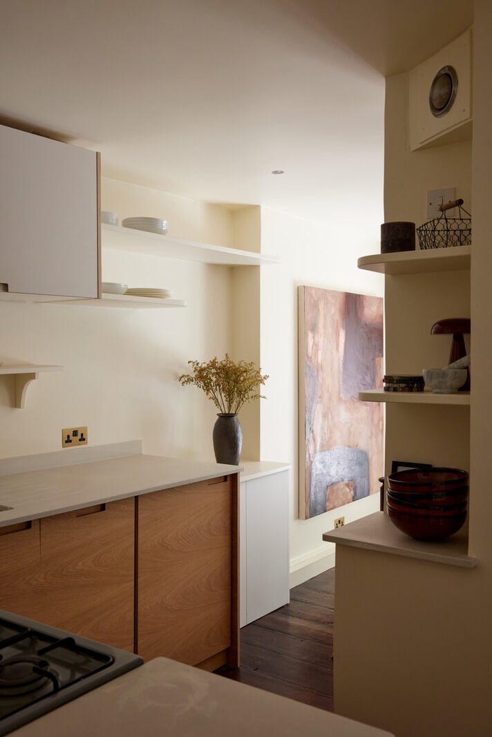 A Charming London House with an Ochre Yellow Bedroom 8 modern kitchen with shelves
