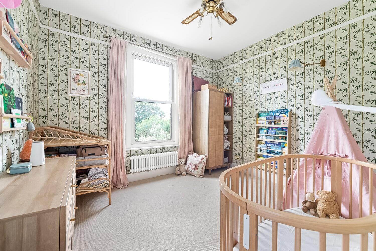 Playful Materials, Textures, and Colors in a London Home 18 nursery with wallpaper