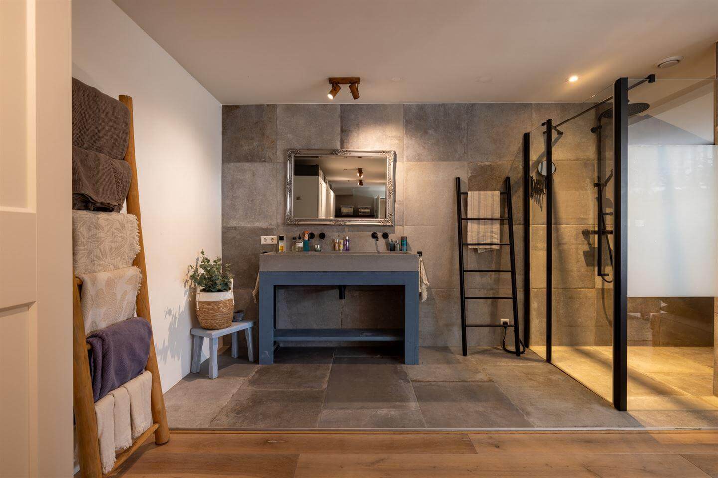 A Modern Duplex Apartment in The Netherlands 13 open bathroom gray tiles