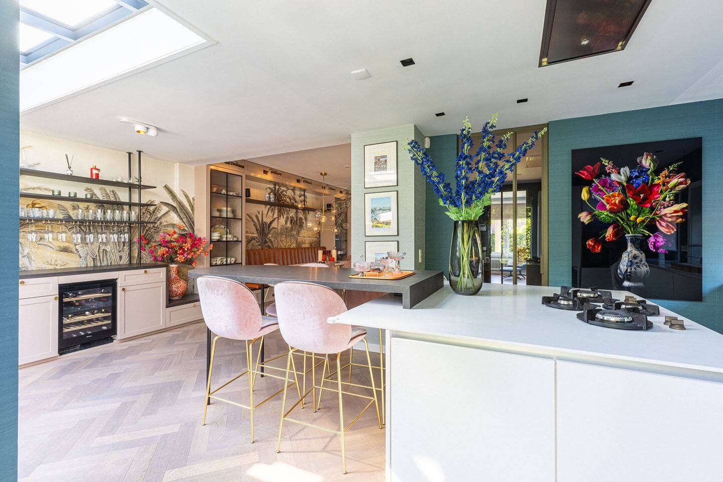 Bold Color Accents in a Dutch Family Home 6 open kitchen with blue wall