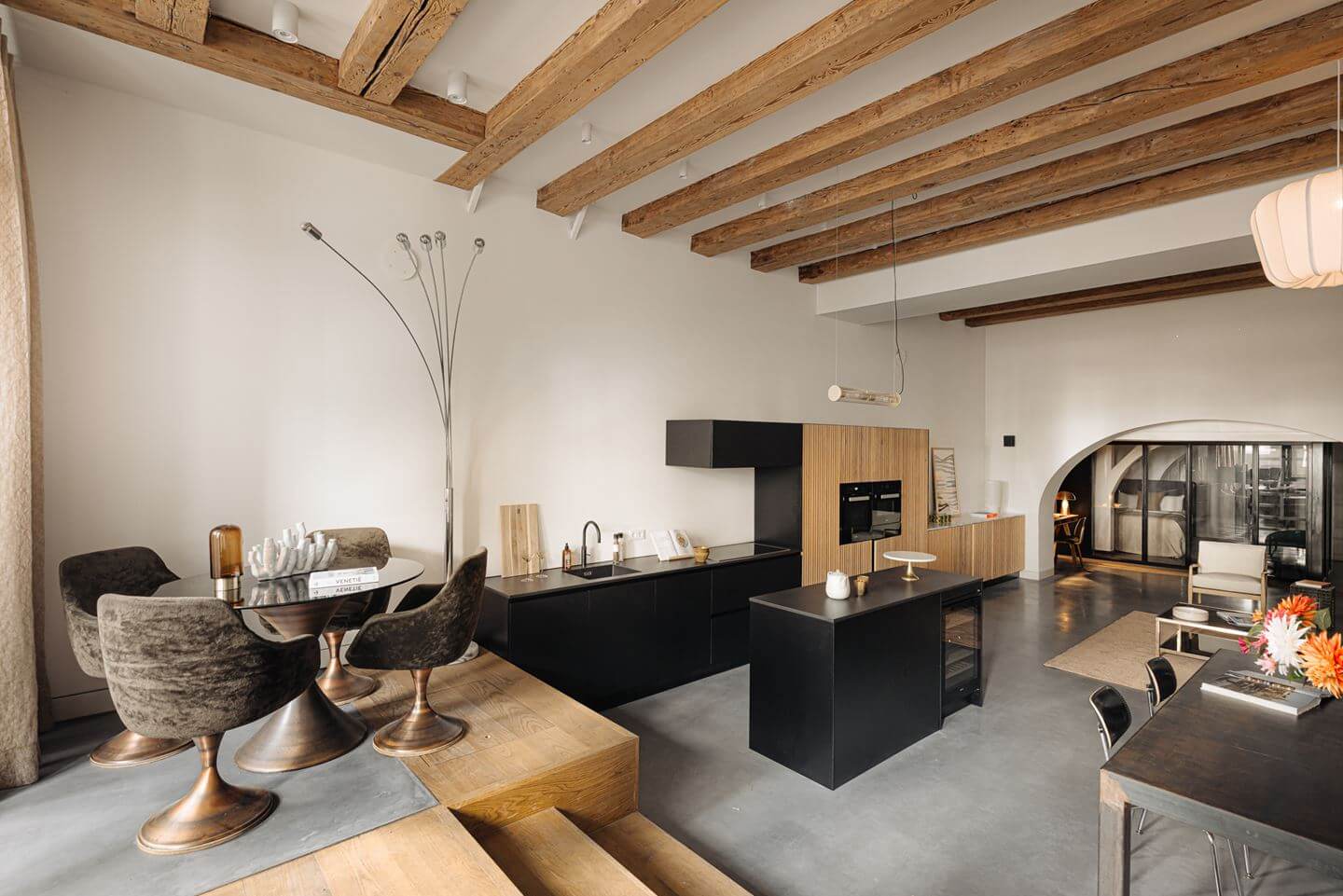 A Modern Apartment in an 18th Century Amsterdam Canal House 2 open plan living space wooden beams
