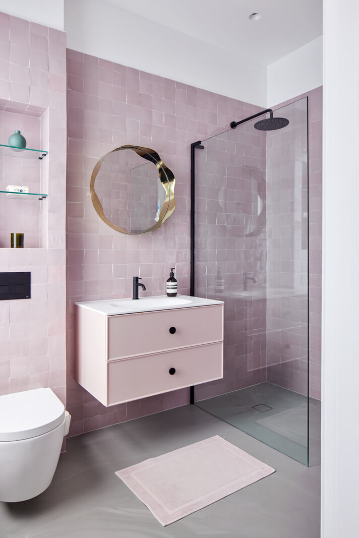 A London Family Home Decorated in Pastel Colors 21 pastel pink walls bathroom walk in shower nordroom