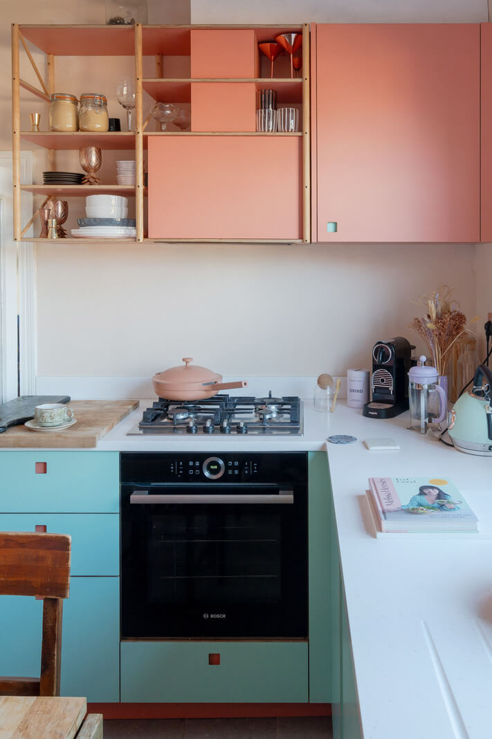 A London Apartment with a Turquoise and Pink Kitchen 2 pink and turquoise kitchen cabinets nordroom