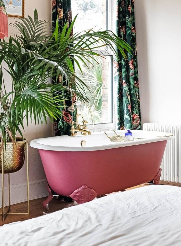Playful Materials, Textures, and Colors in a London Home 15 pink clawfoot bath