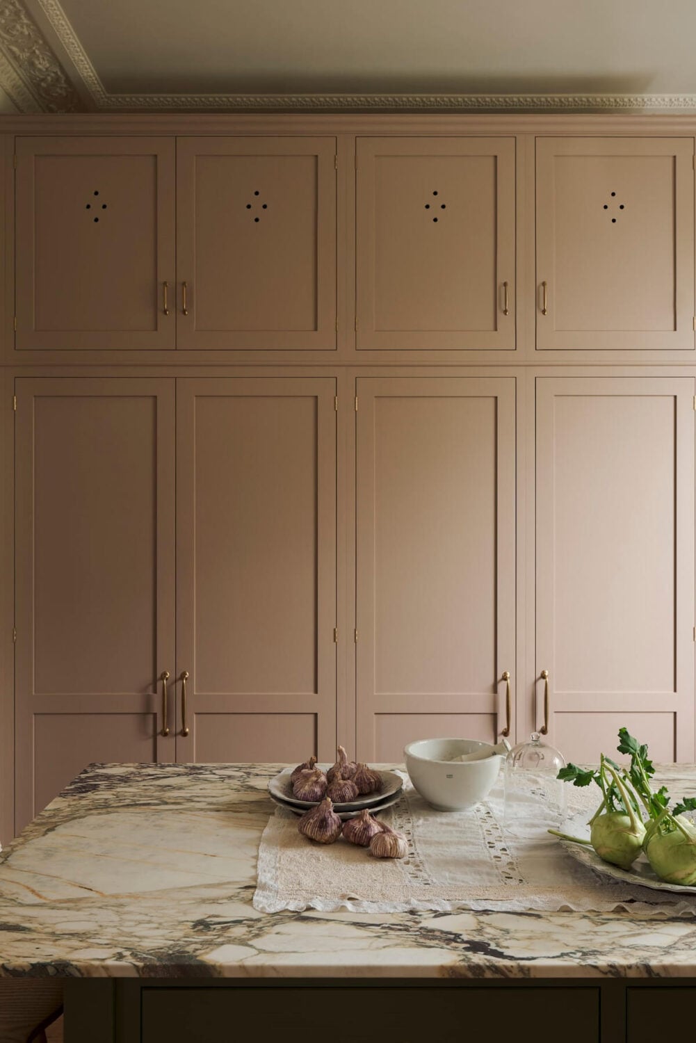 A Pretty Pink and Green deVOL Kitchen in South London 4 pink floor to ceiling kitchen cabinets and marble worktop nordroom
