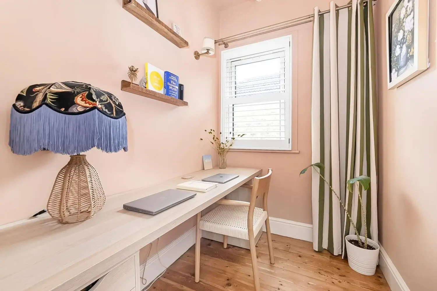 Playful Materials, Textures, and Colors in a London Home 13 soft pink walls home office