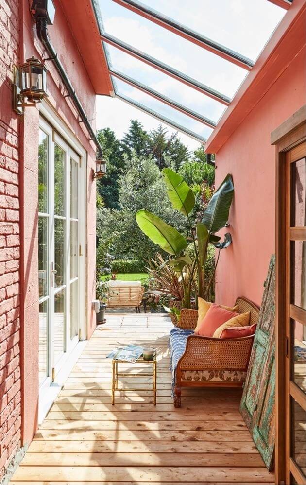 Playful Materials, Textures, and Colors in a London Home 22 terrcotta pink garden room