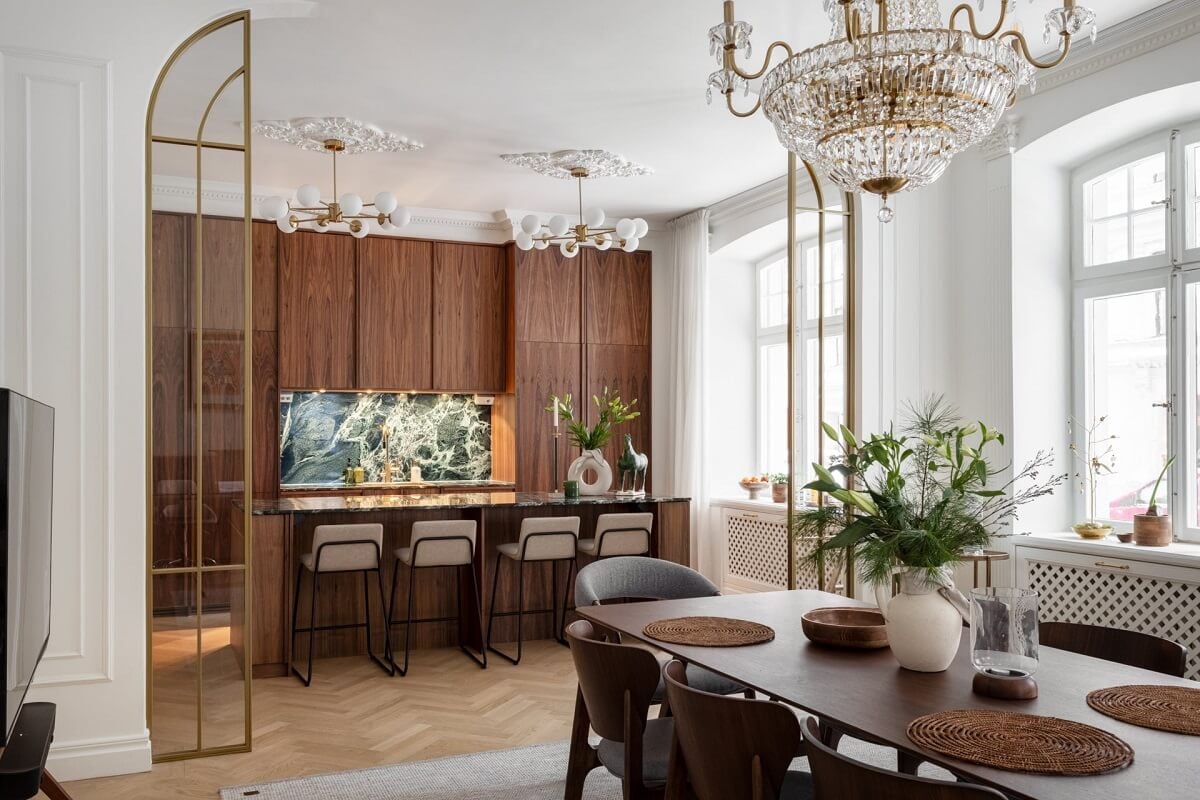 A Luxurious Stockholm Apartment with Period Features 5 walnut kitchen with island