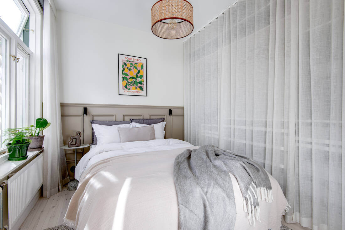 A White Apartment Features a Beautiful Terrace with a View 10 white bedrooms sheer curtains wardrobe