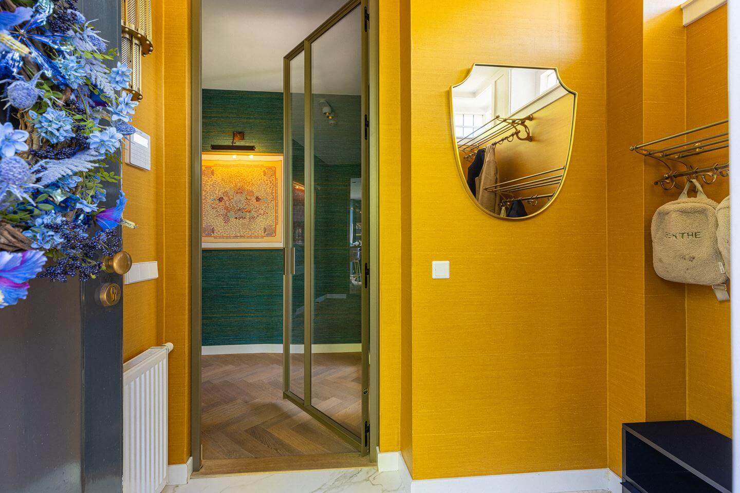 Bold Color Accents in a Dutch Family Home 14 yellow wallpaper hallway