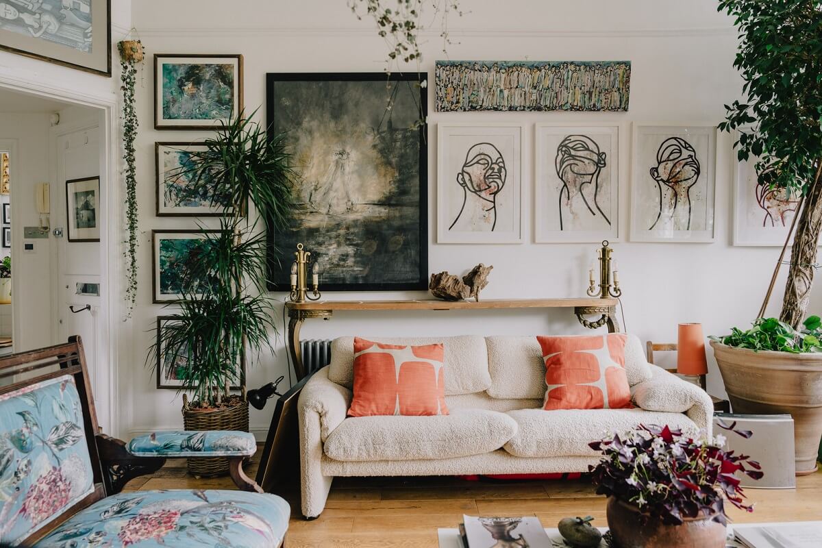 Plants, Art, and a Huge Bay Window in a London Apartment 6 art and plants in living room