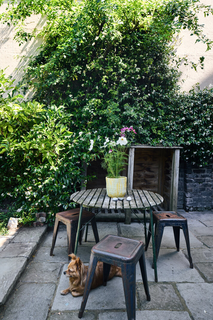 Stained Glass Doors and Terrazzo in a London Home 23 back garden dining table