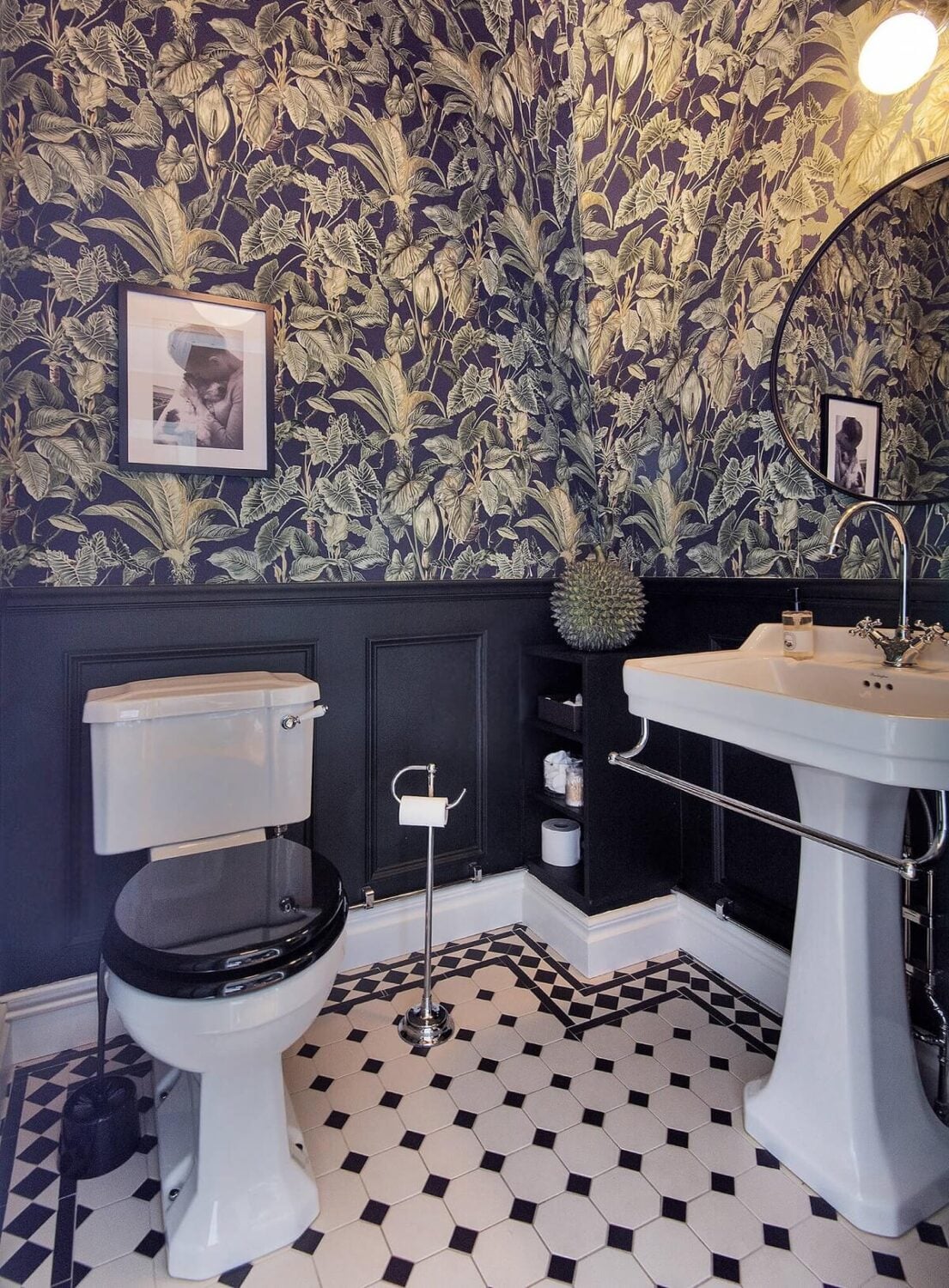 A Yellow Swedish Villa with Views of the Sea 11 bathroom with blue wallpaper and victorian style floor tiles nordroom