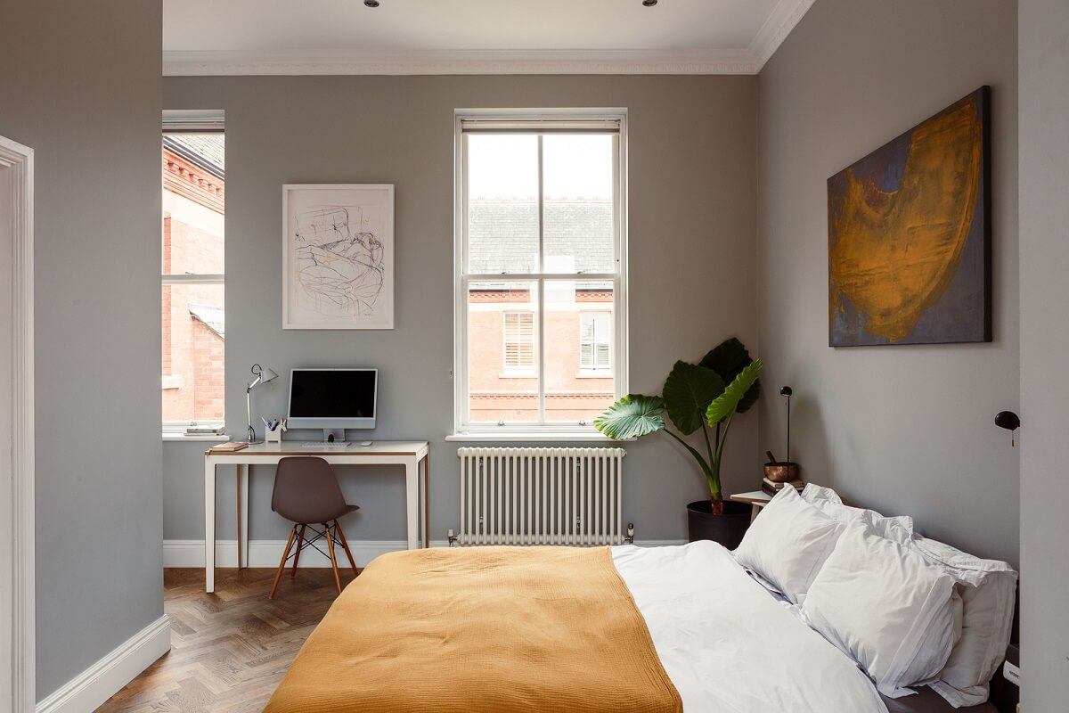 A London Duplex Apartment with a Purple Kitchen 11 bedroom gray walls yellow accent and desk nordroom