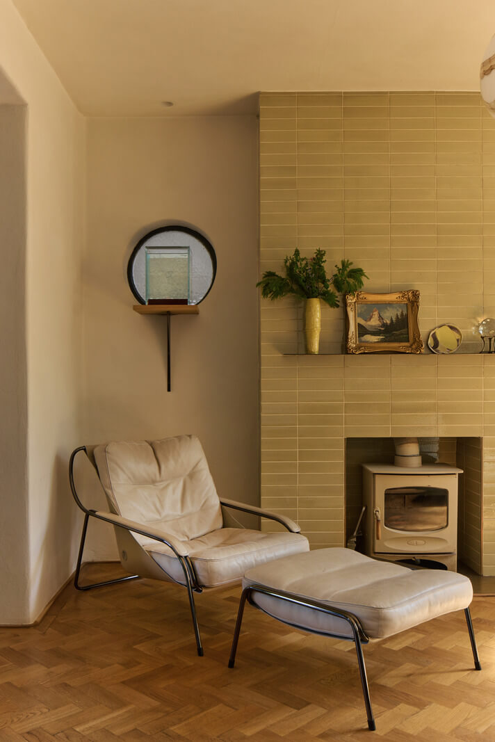 Stained Glass Doors and Terrazzo in a London Home 10 beige fireplace tiles living room nordroom